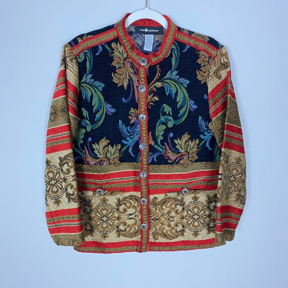 Sag Harbor Floral Tapestry Jacket Womens 8 Button Front Asian Woven Artsy